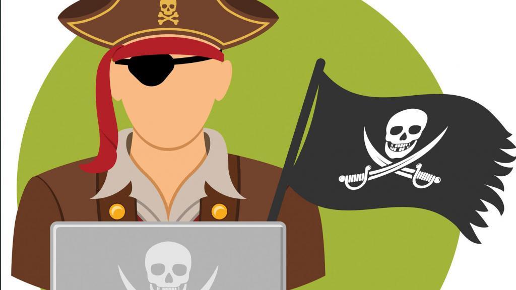 Illustration of a pirate sitting at a computer that has a skull and crossbones on it